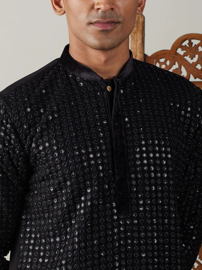 Men's Black Mirror Georgette Kurta Pant Set