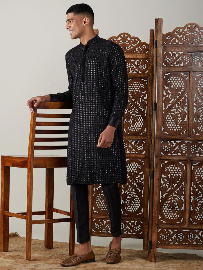 Men's Black Mirror Georgette Kurta Pant Set