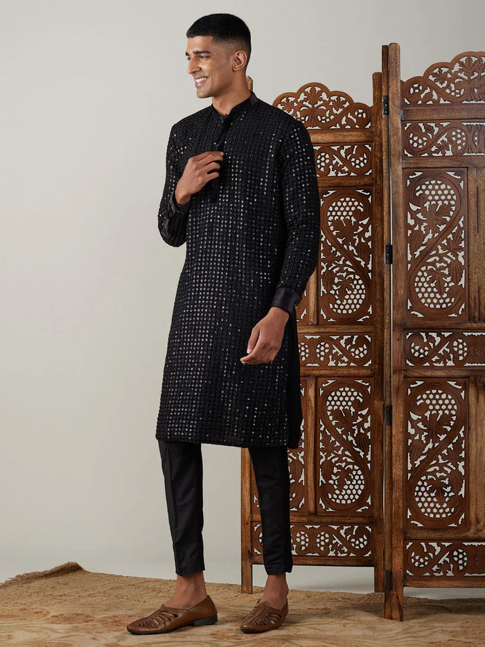 Men's Black Mirror Georgette Kurta Pant Set