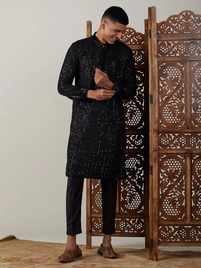 Men's Black Mirror Georgette Kurta Pant Set
