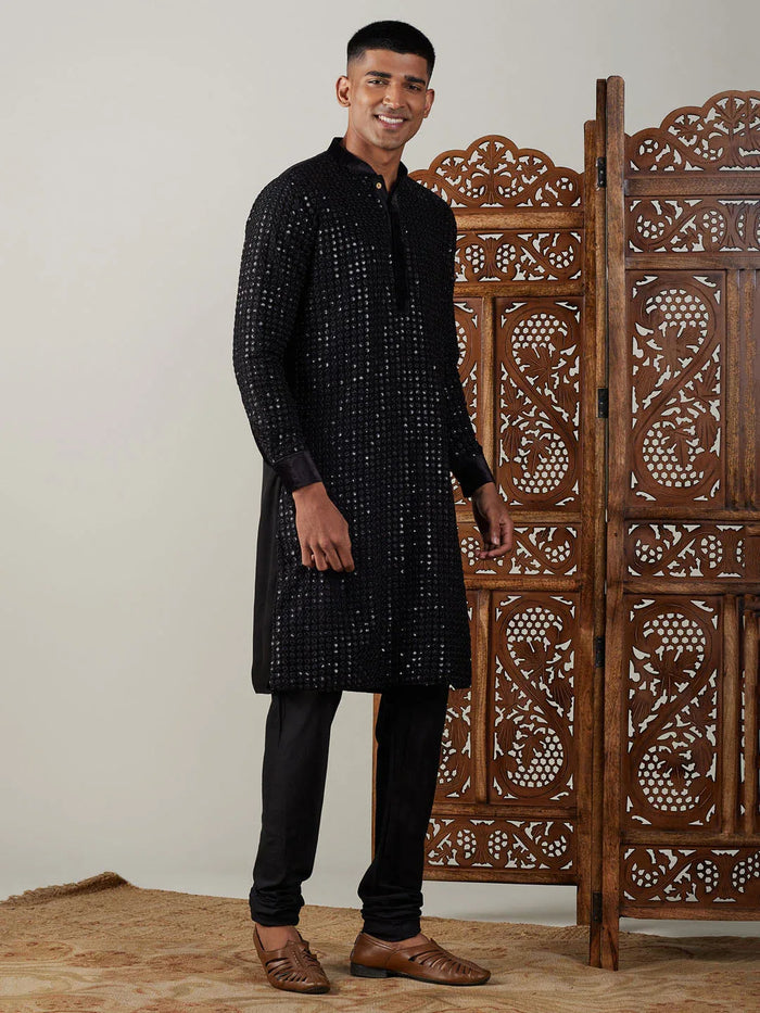 Men's Black Mirror Georgette Kurta Pyjama Set