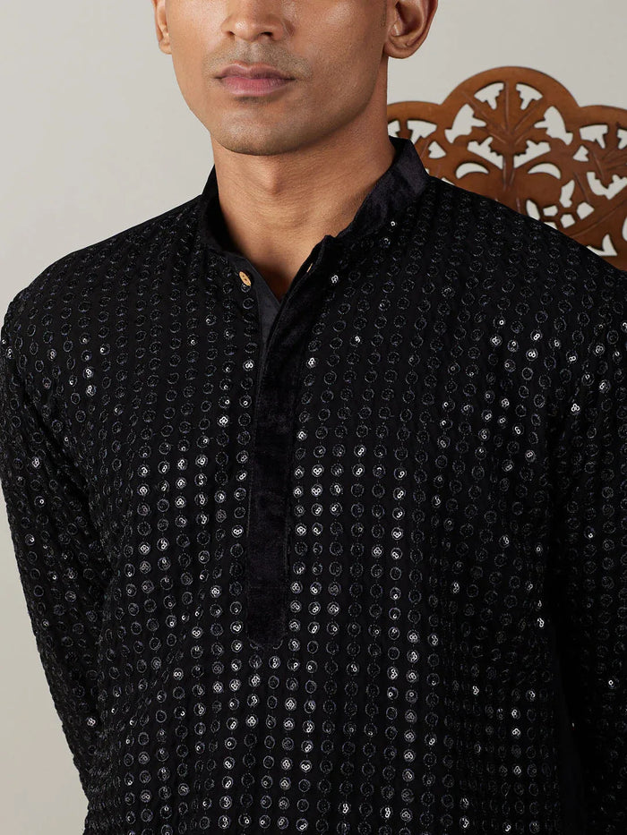 Men's Black Mirror Georgette Kurta Pyjama Set