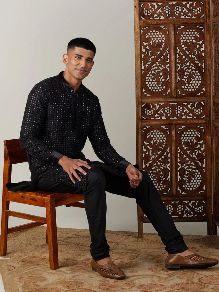 Men's Black Mirror Georgette Kurta Pyjama Set
