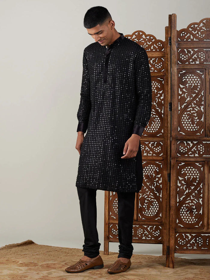 Men's Black Mirror Georgette Kurta Pyjama Set