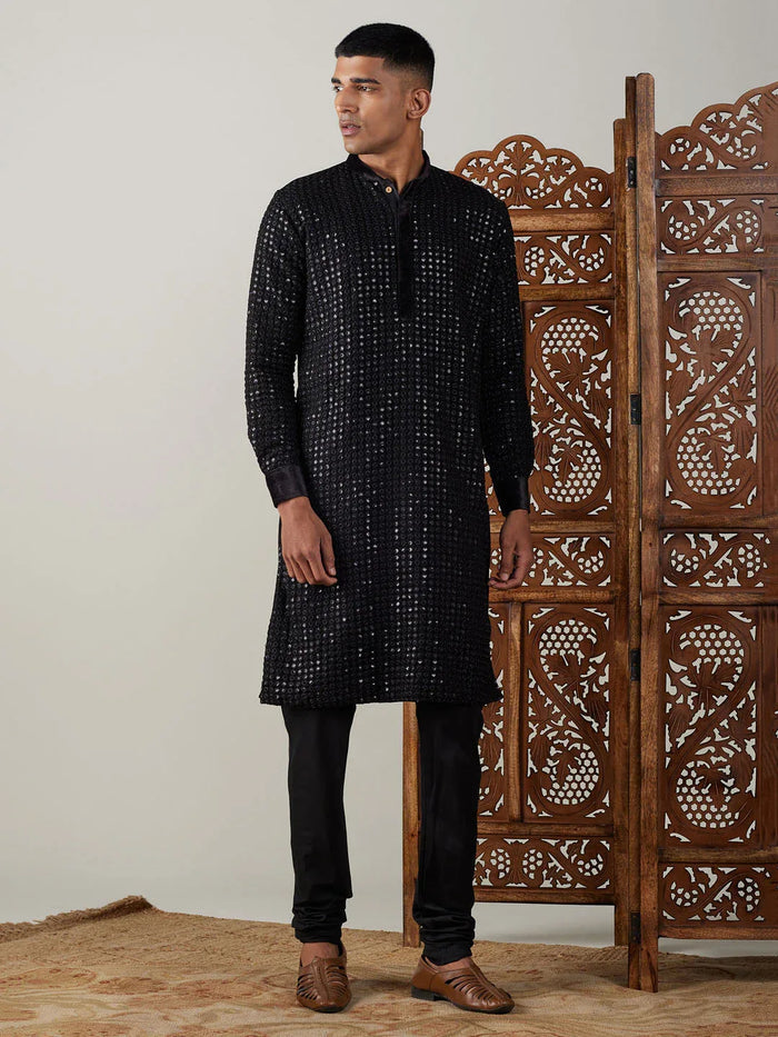 Men's Black Mirror Georgette Kurta Pyjama Set