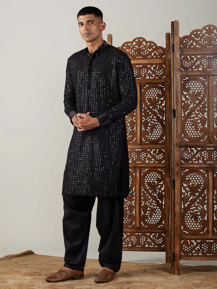 Men's Black Mirror Georgette Kurta With Patiala Set