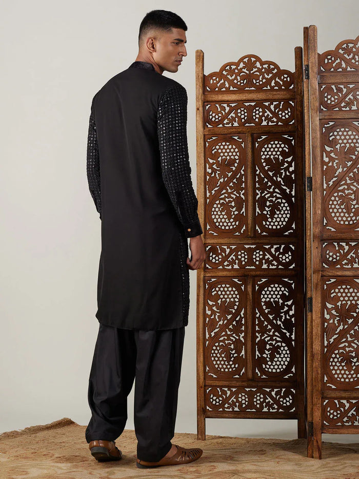 Men's Black Mirror Georgette Kurta With Patiala Set