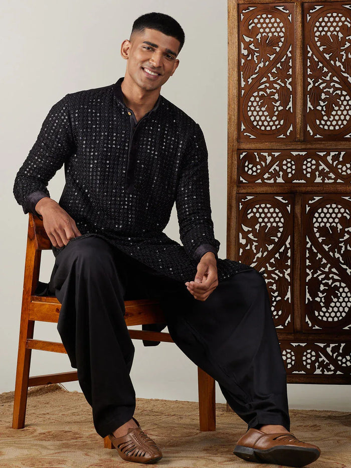 Men's Black Mirror Georgette Kurta With Patiala Set