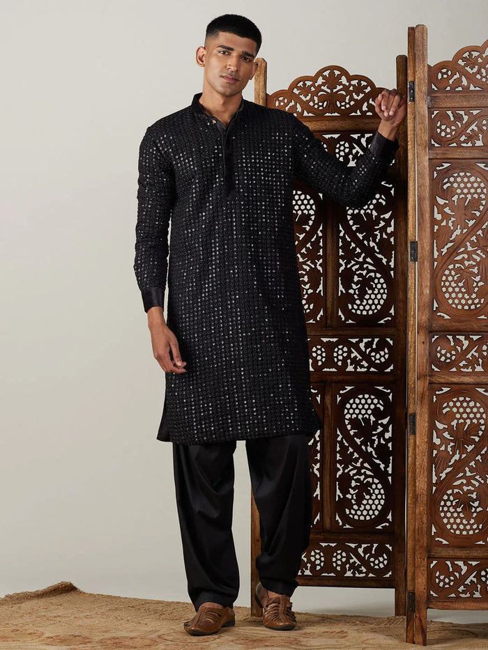 Men's Black Mirror Georgette Kurta With Patiala Set
