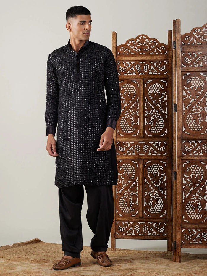 Men's Black Mirror Georgette Kurta With Patiala Set