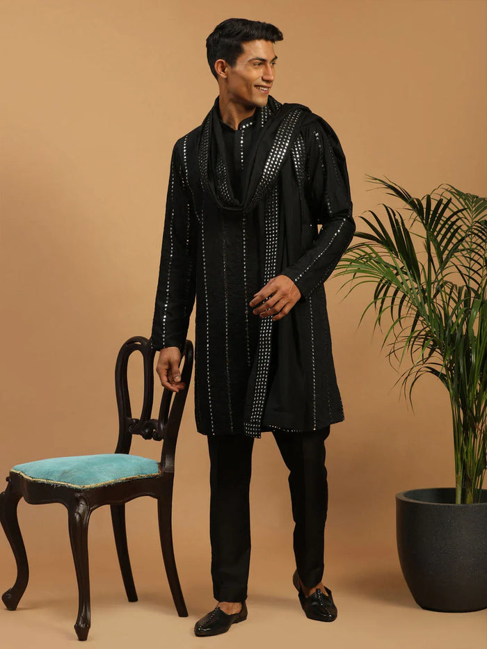 Men's Black Mirror Kurta Pant And Dupatta Set