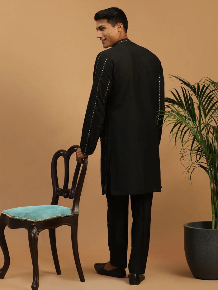 Men's Black Mirror Kurta Pant And Dupatta Set