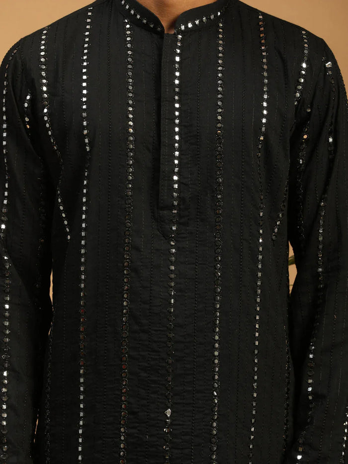 Men's Black Mirror Kurta Pant And Dupatta Set
