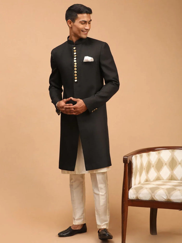 Men’s Black Platinum Sherwani with Cream Kurta & Pyjama 3-Piece Wedding Set