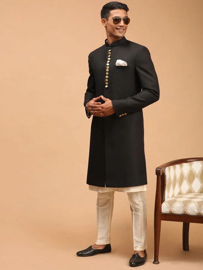 Men’s Black Platinum Sherwani with Cream Kurta & Pyjama 3-Piece Wedding Set