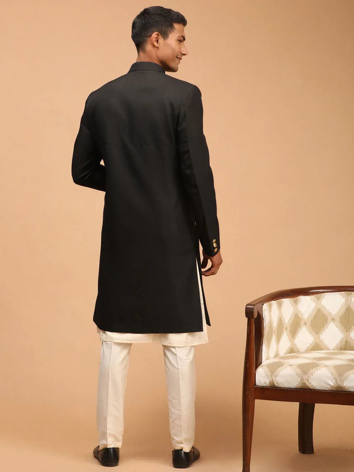 Men’s Black Platinum Sherwani with Cream Kurta & Pyjama 3-Piece Wedding Set