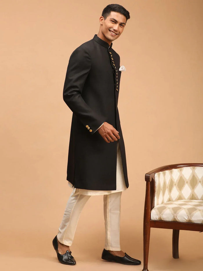 Men’s Black Platinum Sherwani with Cream Kurta & Pyjama 3-Piece Wedding Set