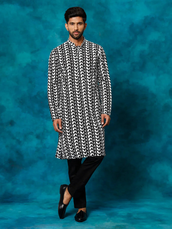 Men's Black Pure Cotton Chikankari Kurta Pyjama Set
