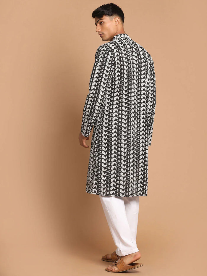 Men's Black Pure Cotton Chikankari Kurta With Pant Set