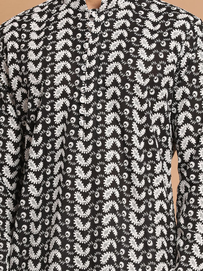 Men's Black Pure Cotton Chikankari Kurta With Pant Set