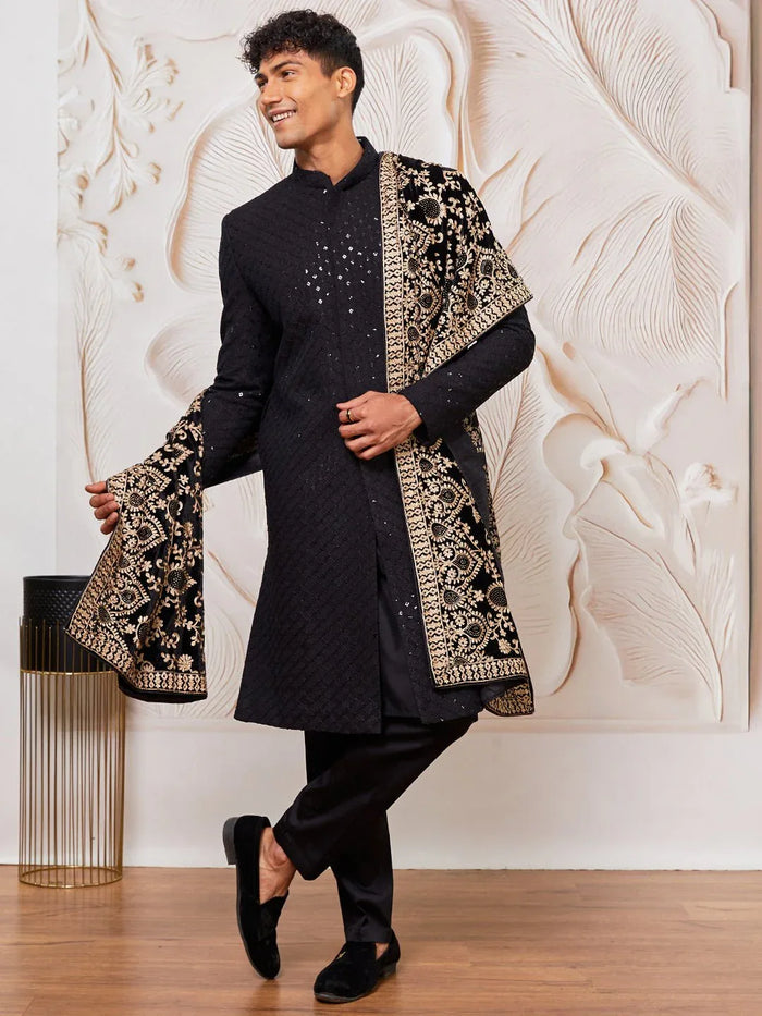 Men's Black Sequin Chikankari Sherwani with Satin Pyjama & Velvet Embroidered Dupatta