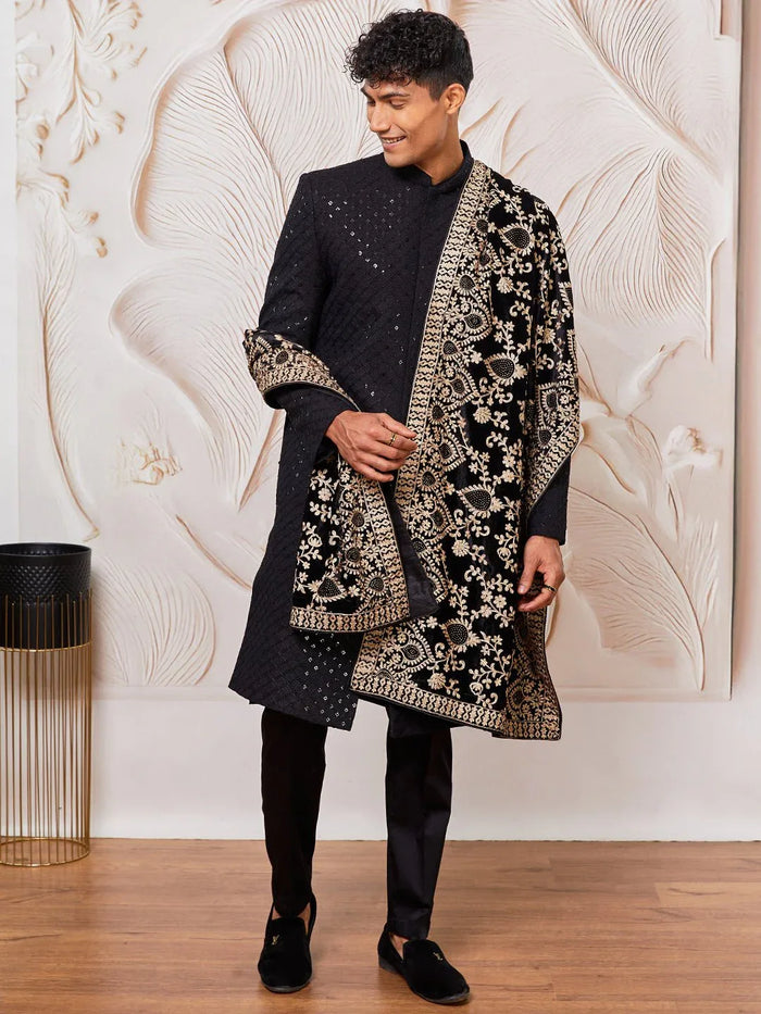 Men's Black Sequin Chikankari Sherwani with Satin Pyjama & Velvet Embroidered Dupatta