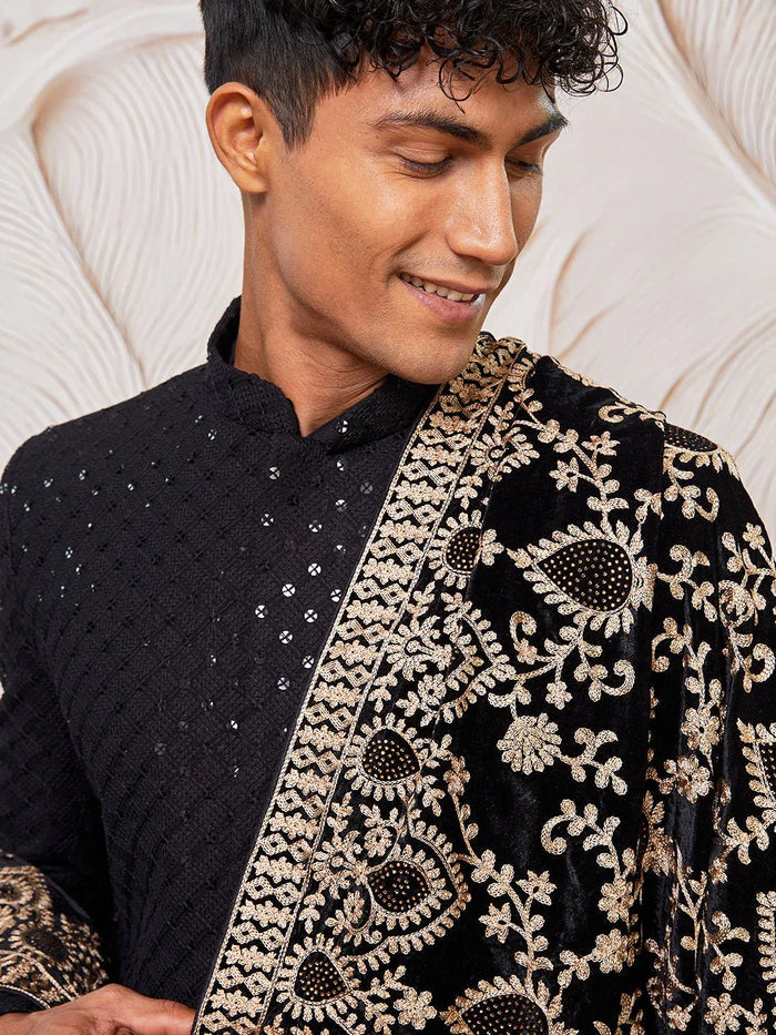 Men's Black Sequin Chikankari Sherwani with Satin Pyjama & Velvet Embroidered Dupatta