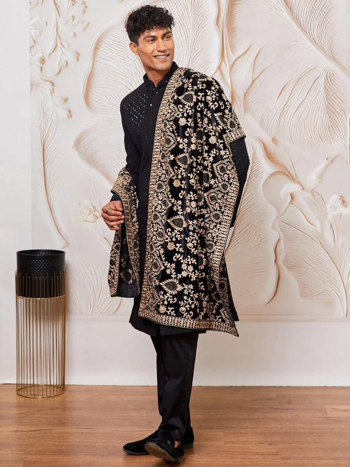 Men's Black Sequin Chikankari Sherwani with Satin Pyjama & Velvet Embroidered Dupatta