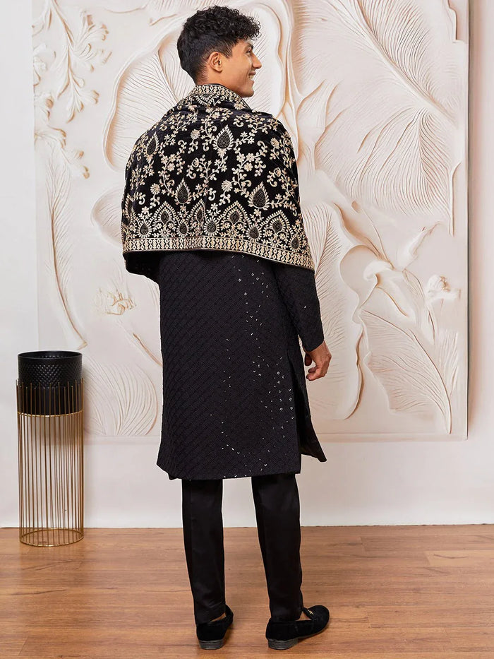 Men's Black Sequin Chikankari Sherwani with Satin Pyjama & Velvet Embroidered Dupatta