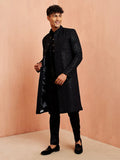 Men's Black Sequin Chikankari Sherwani with Silk Kurta & Satin Pyjama