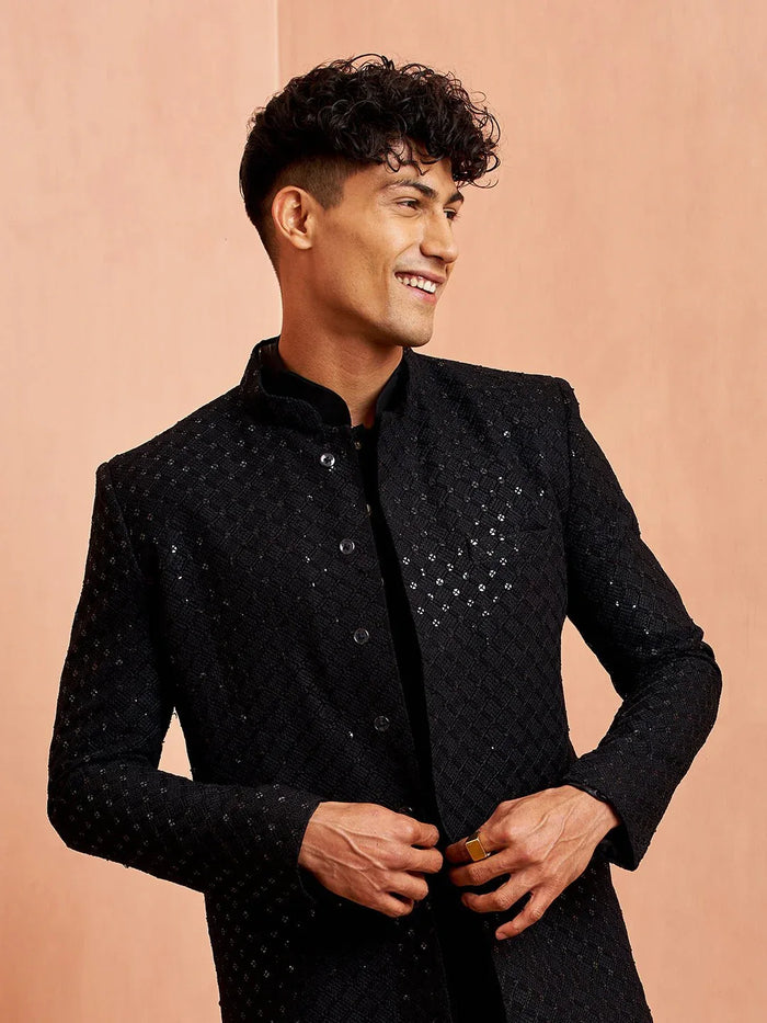 Men's Black Sequin Chikankari Sherwani with Silk Kurta & Satin Pyjama