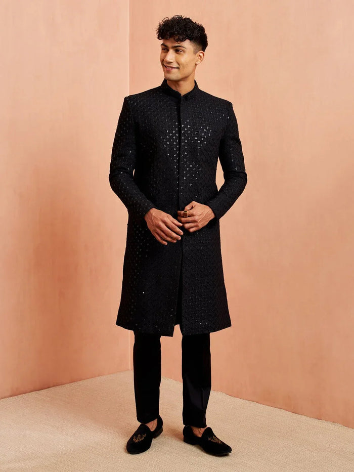 Men's Black Sequin Chikankari Sherwani with Silk Kurta & Satin Pyjama
