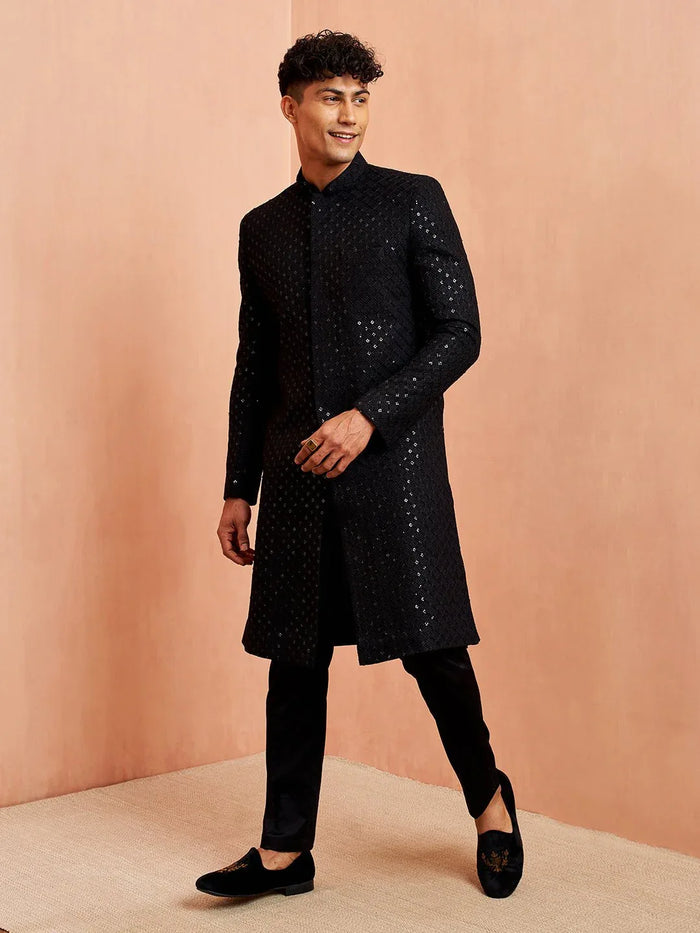 Men's Black Sequin Chikankari Sherwani with Silk Kurta & Satin Pyjama