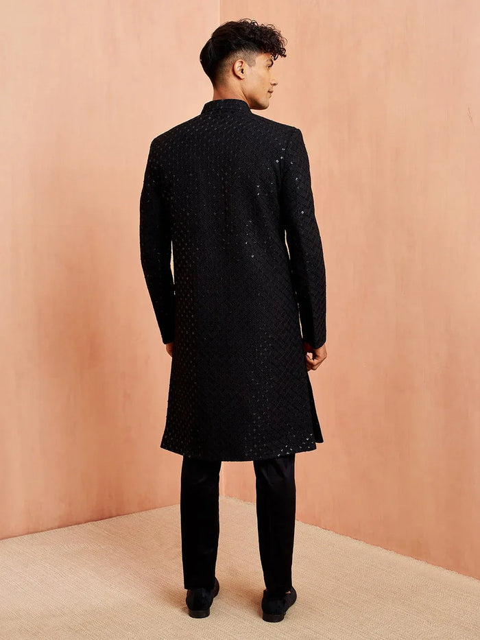 Men's Black Sequin Chikankari Sherwani with Silk Kurta & Satin Pyjama