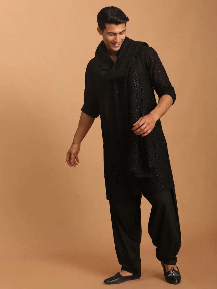 Men's Black Sequined Front Open Georgette Kurta With Patiala And Dupatta Set