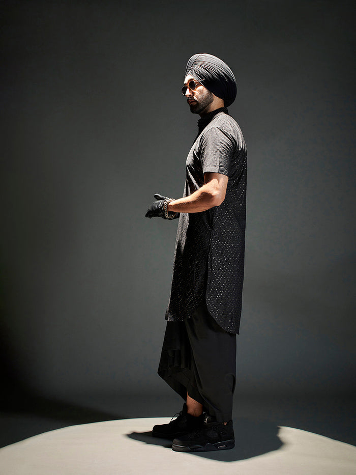 Men's Black Sequined Viscose Kurta Lungi Set