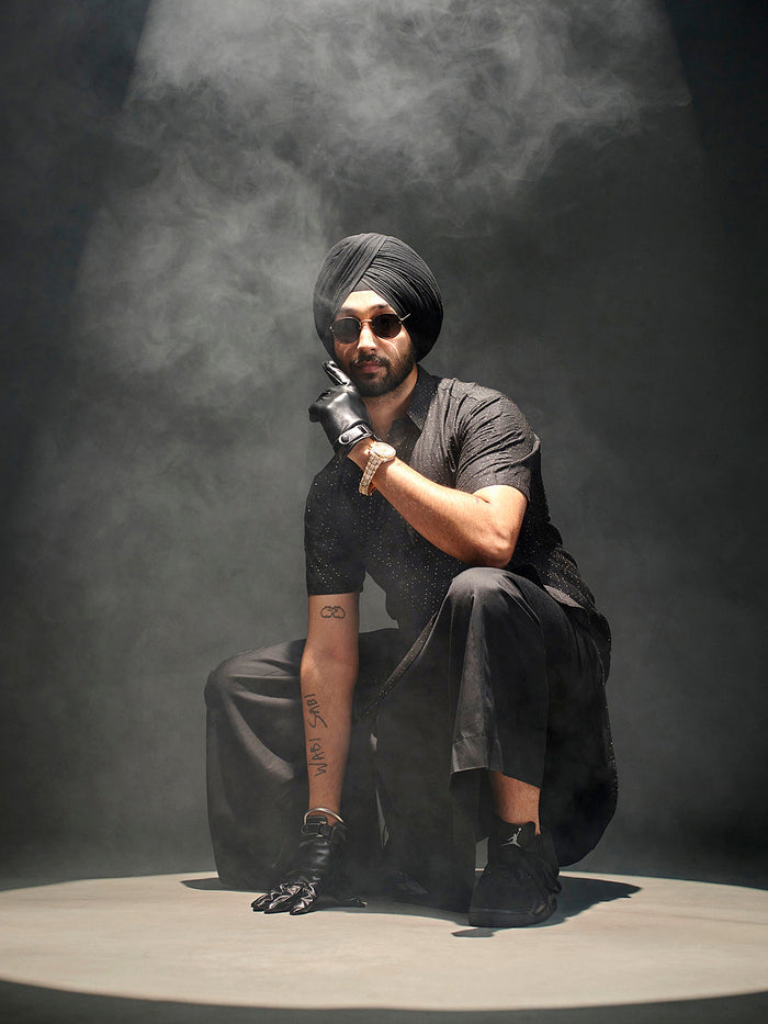Men's Black Sequined Viscose Kurta Lungi Set