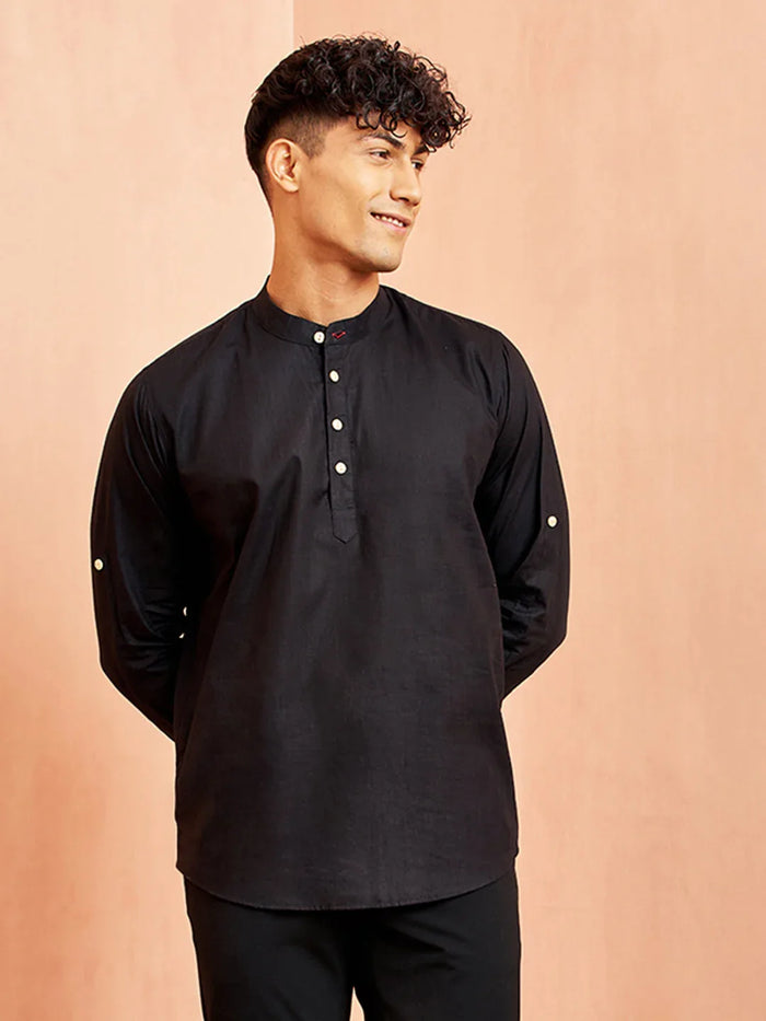 Men's Black Short Cotton Kurta