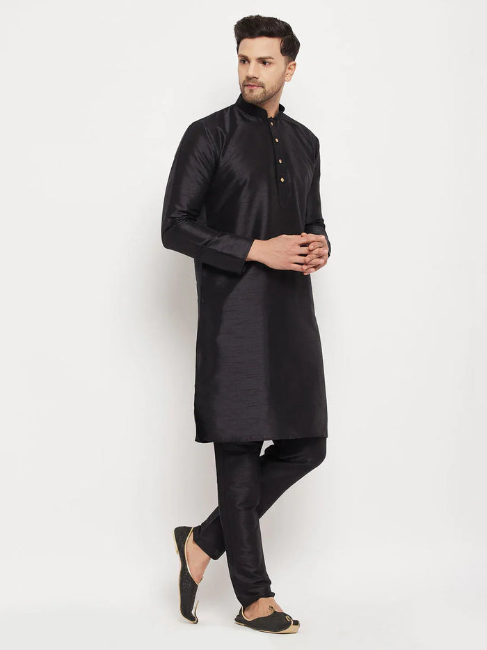 Men's Black Silk Blend Kurta And Black Pant Style Pyjama Set
