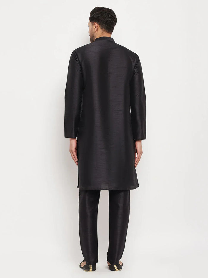 Men's Black Silk Blend Kurta And Black Pant Style Pyjama Set