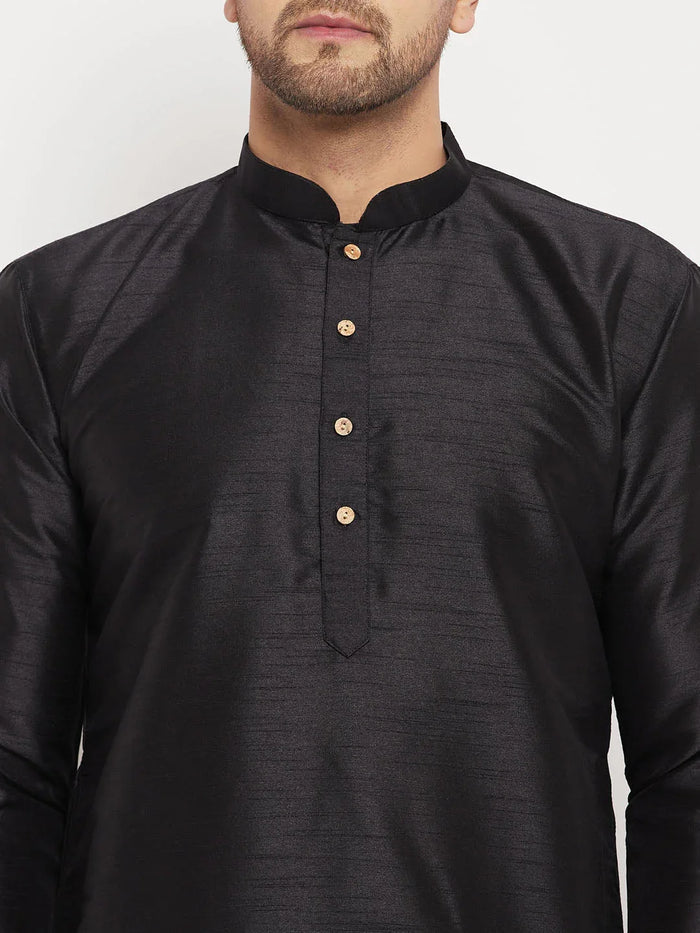 Men's Black Silk Blend Kurta And Black Pant Style Pyjama Set