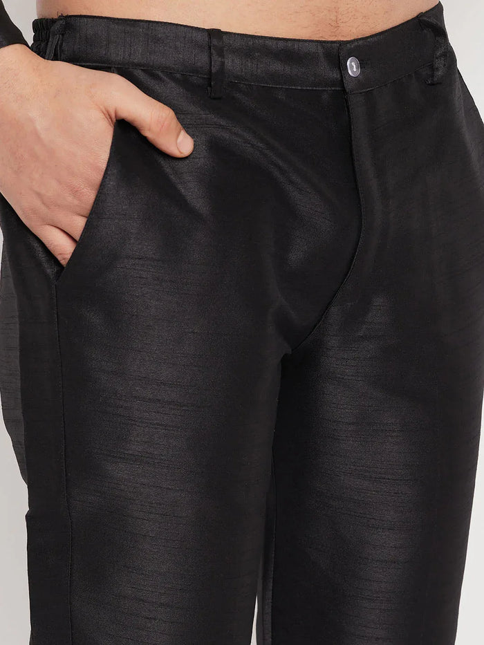 Men's Black Silk Blend Kurta And Black Pant Style Pyjama Set