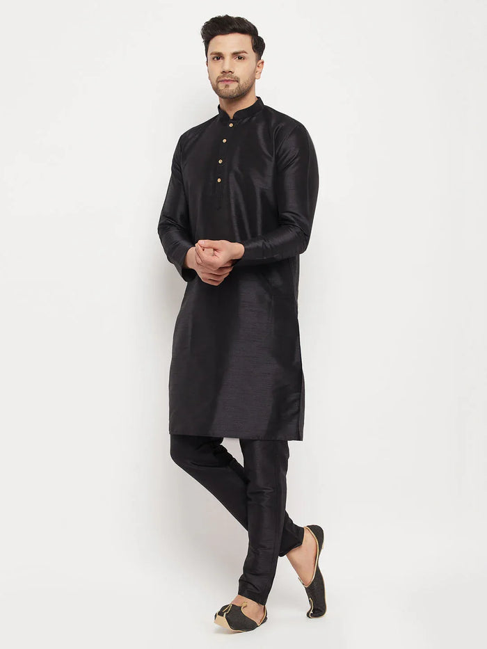 Men's Black Silk Blend Kurta And Black Pant Style Pyjama Set
