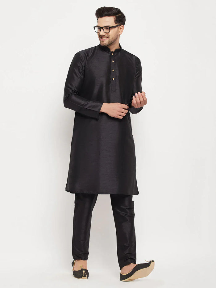 Men's Black Silk Blend Kurta And Black Pant Style Pyjama Set