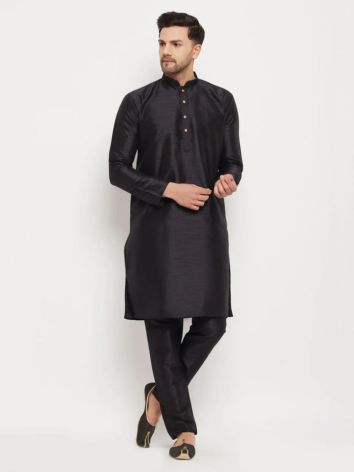 Men's Black Silk Blend Kurta And Black Pant Style Pyjama Set