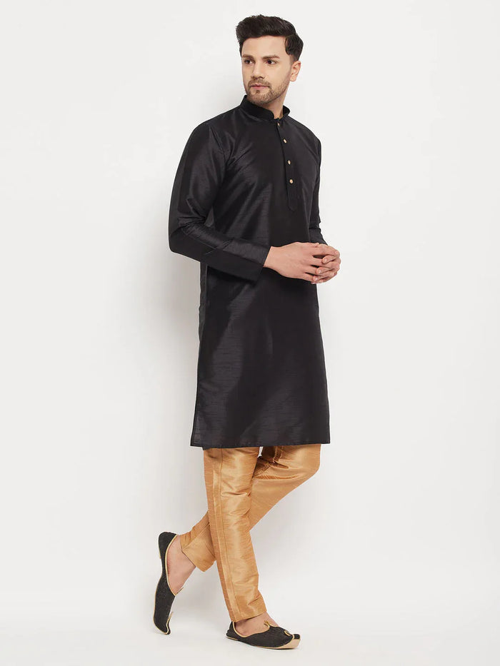 Men's Black Silk Blend Kurta And Rose Gold Pant Style Pyjama Set