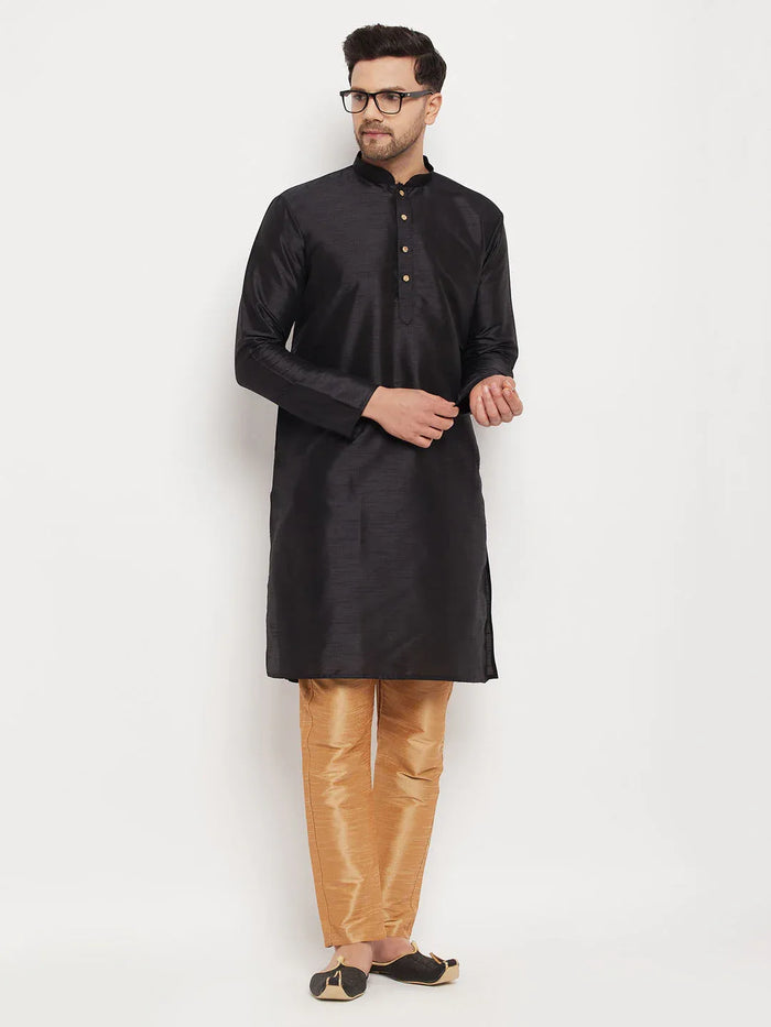 Men's Black Silk Blend Kurta And Rose Gold Pant Style Pyjama Set