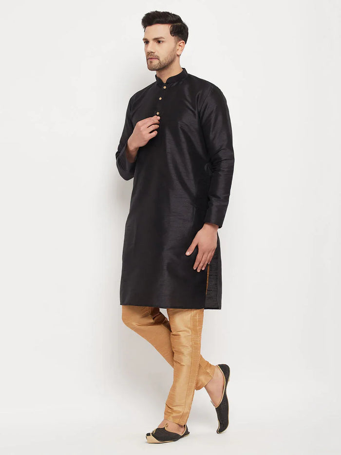 Men's Black Silk Blend Kurta And Rose Gold Pant Style Pyjama Set