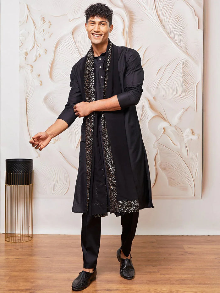 Men's Black Silk Blend Kurta Pyjama Dupatta Set