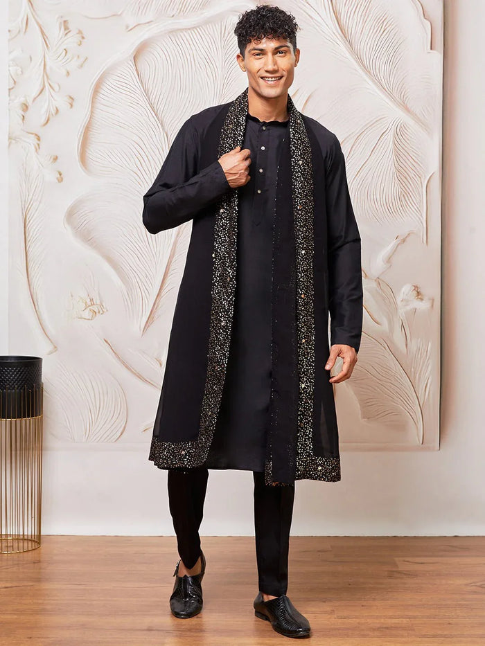 Men's Black Silk Blend Kurta Pyjama Dupatta Set